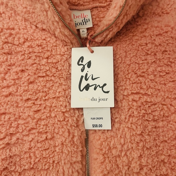 NWT Belle du jour Junior XL Teddy soft pink O ring zip cropped jacket top - Picture 4 of 5